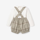 Embroidered Bodysuit + Heritage Plaid Suspender Shorts