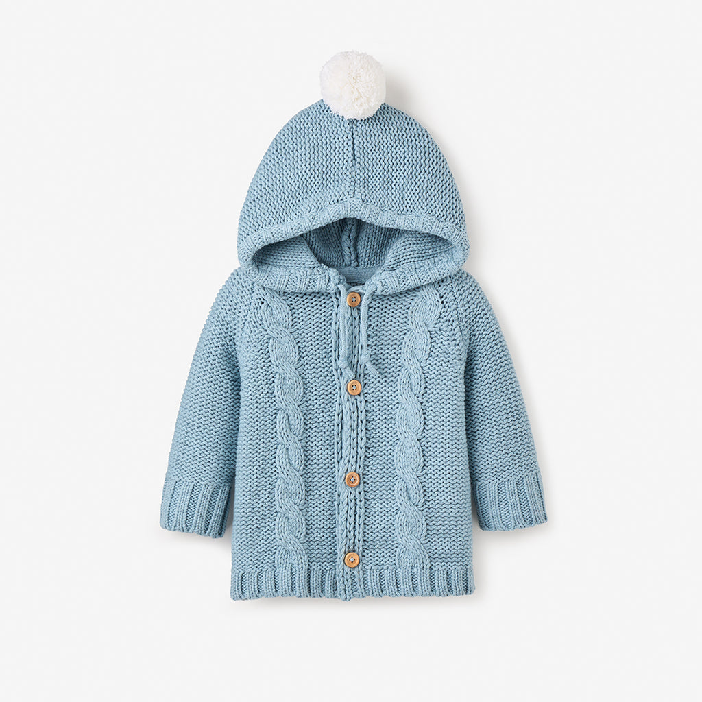 Blue Chunky Hooded Pom Pom Cardigan