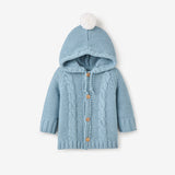 Blue Chunky Hooded Pom Pom Cardigan