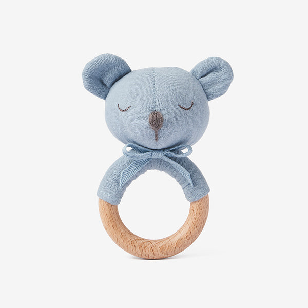 Stone Blue Bear Wooden Baby Rattle
