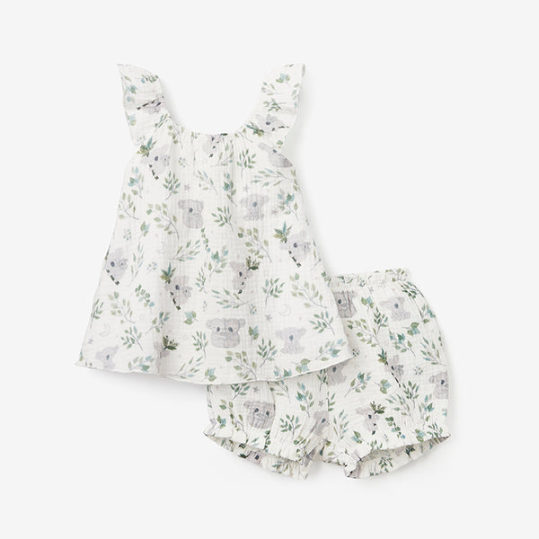 Koala Print Organic Muslin Flutter Sleeve Dress & Bloomer Set