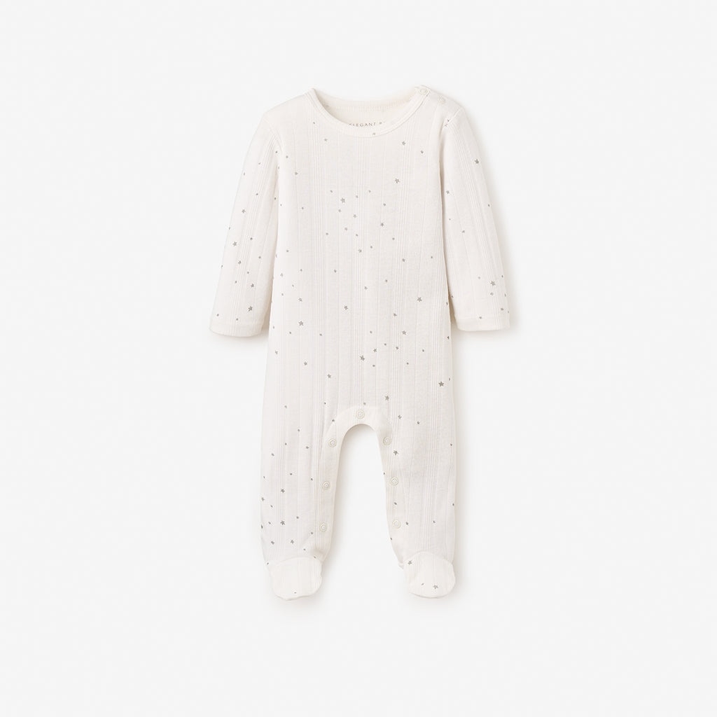 White Celestial Printed Organic Cotton Ribbed Baby Jumpsuit