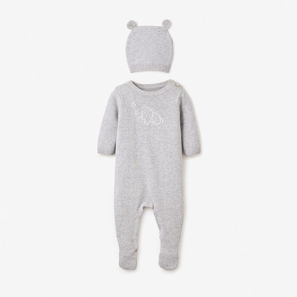 Hand Embroidered Elephant Knit Jumpsuit with Hat